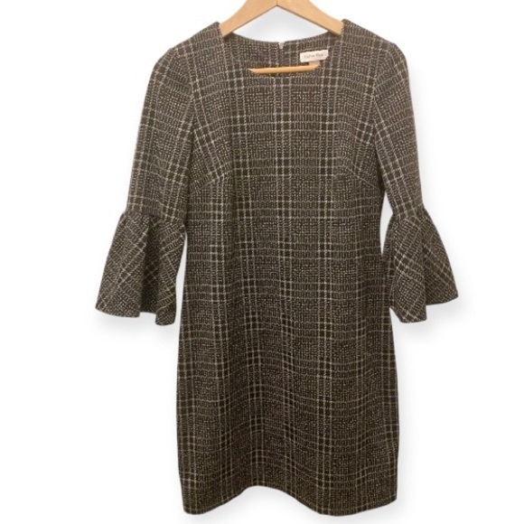 Calvin Klein 8 Bell Sleeve Shift Dress Tweed Black Gray Stretch Plaid Sheath - Picture 3 of 12
